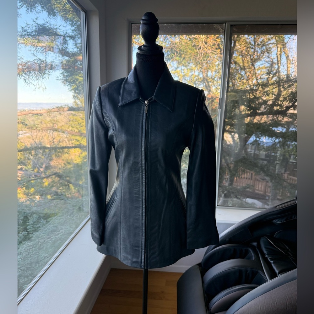 Elegant Dark Navy Leather Jacket for Women, M